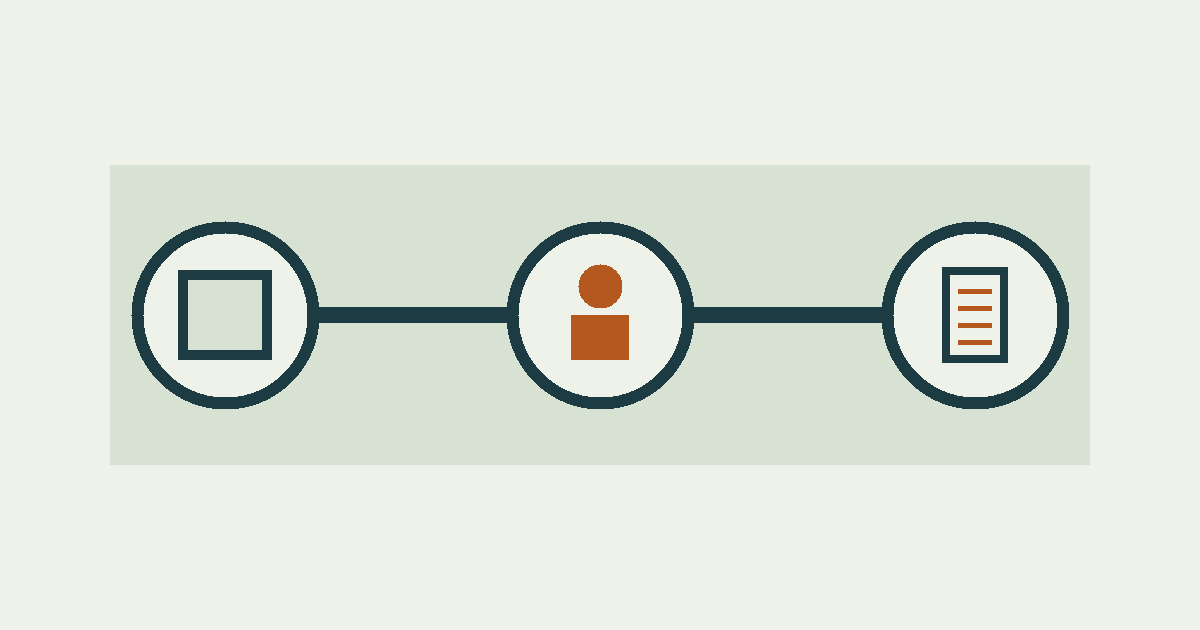 Abstract editorial illustration of a bounded task, a human decision and an evidence record.